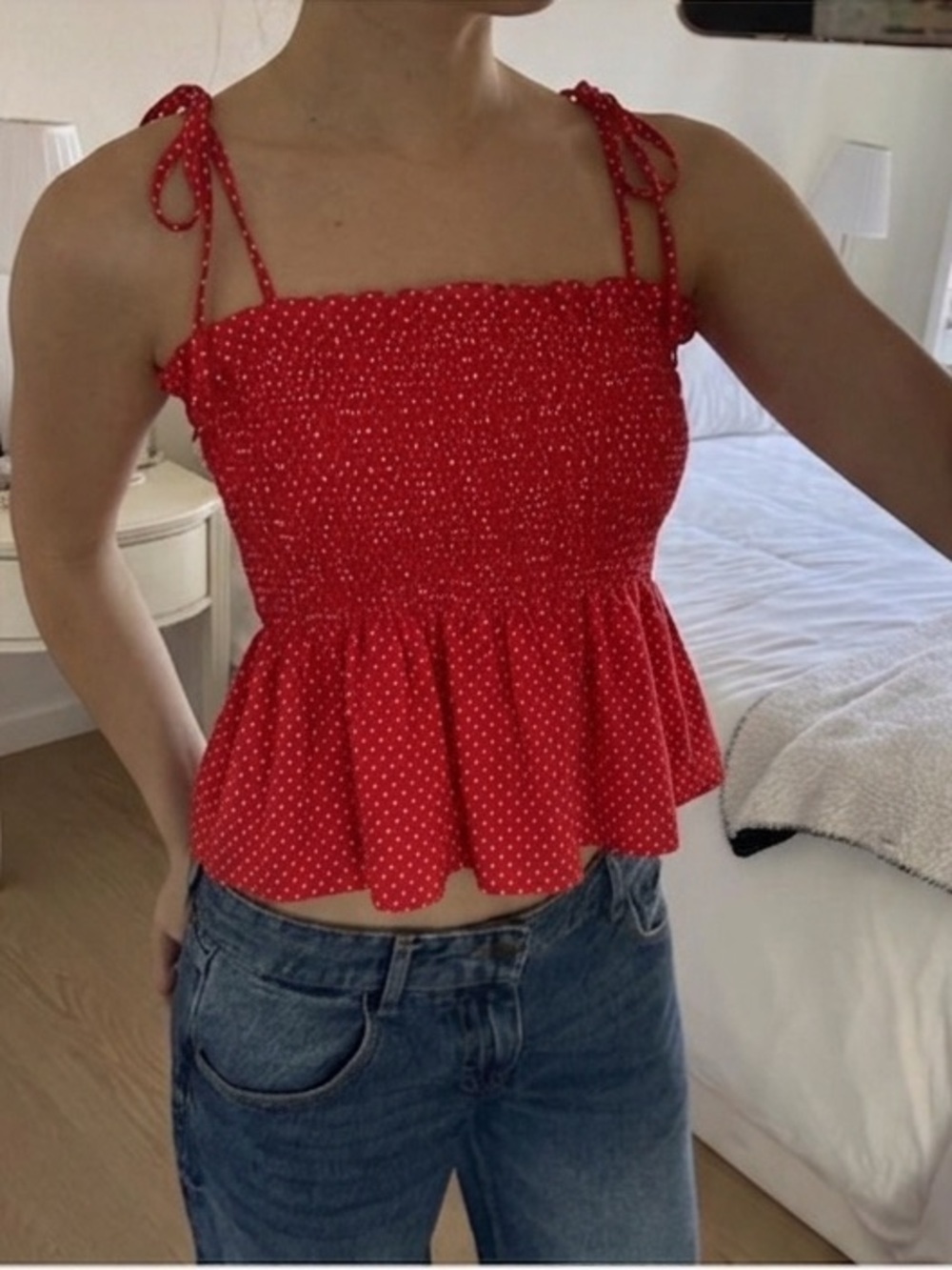 Red Polka Dot Tie-Shoulder Peplum Smocked Top
